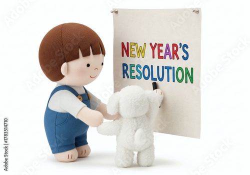 A felt doll of a boy helping a small white plush dog write 'NEW YEAR'S RESOLUTION' in colorful letters on a piece of hanging canvas.