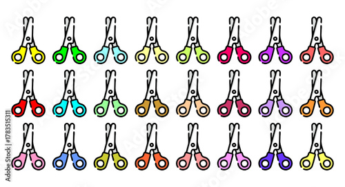 Colorful scissors pattern illustration. Seamless vector design of cartoon scissors in various colors. Perfect for school, education, craft, or stationery backgrounds.