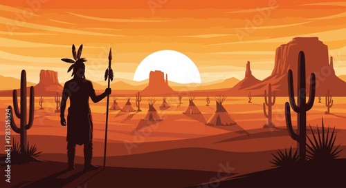 Native American Warrior Silhouette in Desert Sunset Landscape
