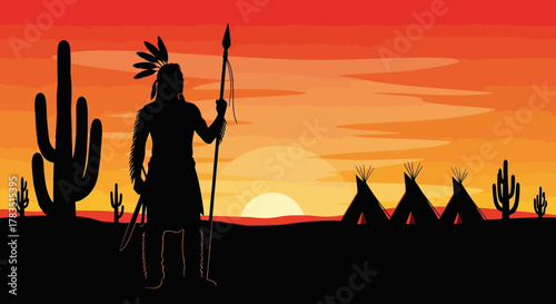 Native American Silhouette at Sunset in Desert Landscape