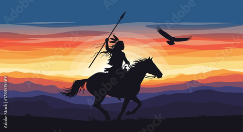 Native American Warrior Silhouette on Horseback Against Sunset Vector Illustration