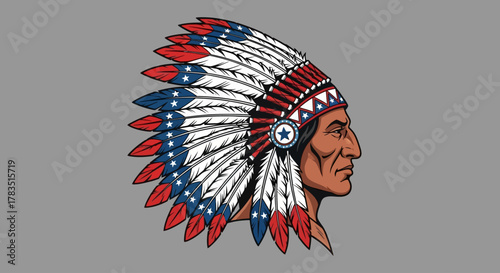 American Indian Chief with War Bonnet Patriotic Illustration