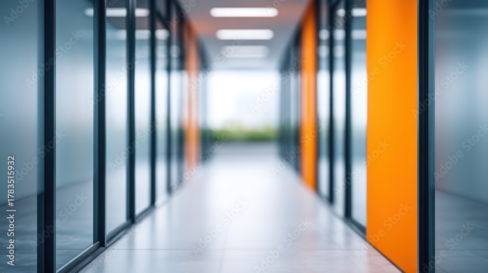 Fototapeta premium Modern corridor in a contemporary office showcasing glass walls and vibrant orange accents, emphasizing spaciousness and professional atmosphere