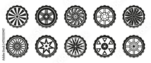 Car wheel rim icons with different spoke styles. Circular automotive collection showing mechanical rotation and symmetry