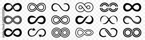 Infinity symbol collection with various line thicknesses and loops. Black icons representing endless motion and continuity