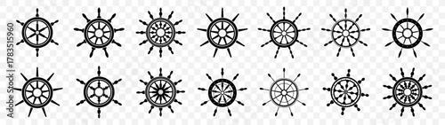 Ship wheel icons for nautical themes. Helm symbols for sailing, navigation and marine adventures. Black silhouettes for ocean travel graphics