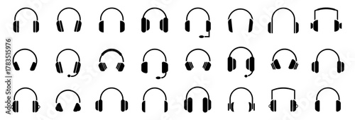 Headphones and headset icons in minimal black silhouettes. Audio equipment collection for listening and communication themes