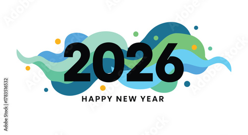 Happy new year 2026 greeting with abstract colorful wavy shapes and dots on a white background