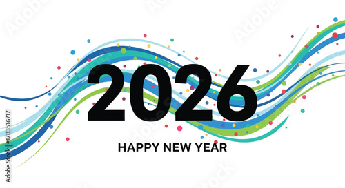 Happy new year 2026 greeting card with colorful abstract wavy lines and confetti on a white background