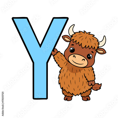 Letter Y with Cute Yak Cartoon Vector
