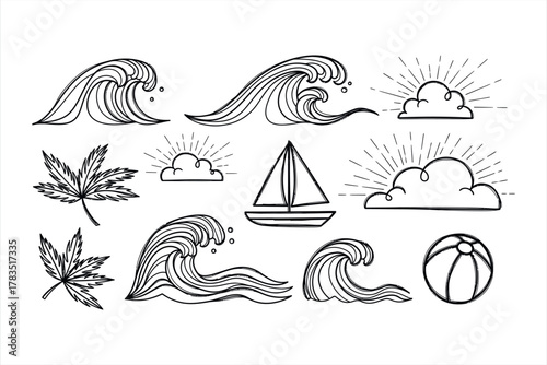 Summer Beach Elements Hand Drawn