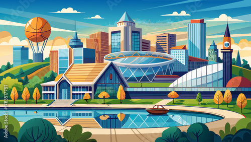 Very beautiful view of Springfield, Massachusetts, USA, featuring the iconic Basketball Hall of Fame, modern riverfront buildings, clear sky, and a realistic vibrant urban landscape.