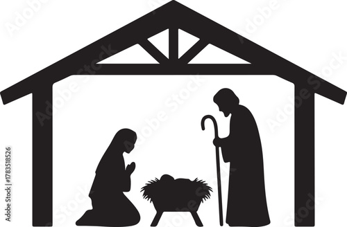 Mary kneels in prayer as Joseph watches over baby Jesus in the manger