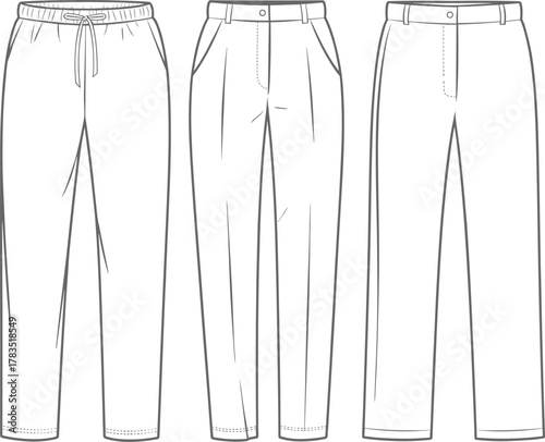 Cad drawing flat vector illustration, technical pants sketch front view multiple styles casual formal lounge fashion design
