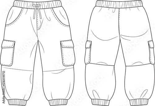 Cargo pants technical fashion flat sketch, cad drawing vector illustration design