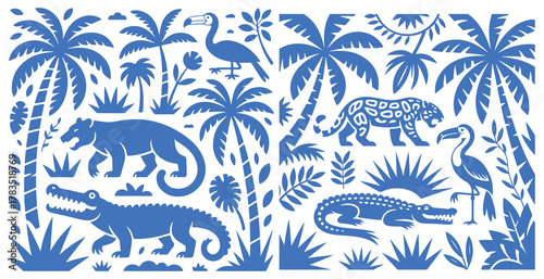 Blue tropical scene with palm trees jaguar birds and crocodiles