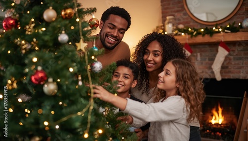 Joyful family decorating Christmas tree together, creating warm holiday memories by a cozy fireplace glow
