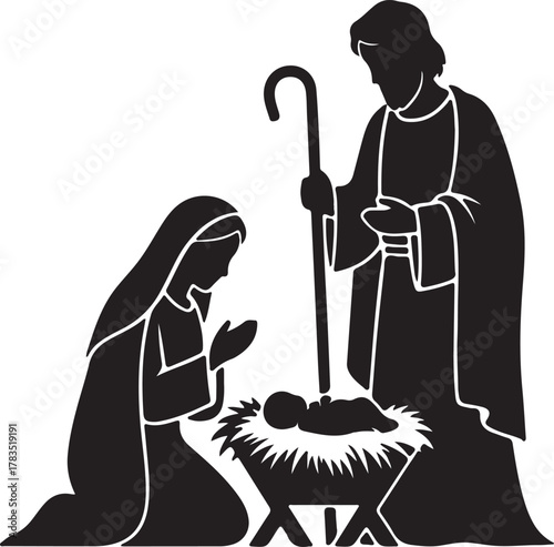 Silhouette shows Mary kneeling before baby Jesus as Joseph watches on transparent background