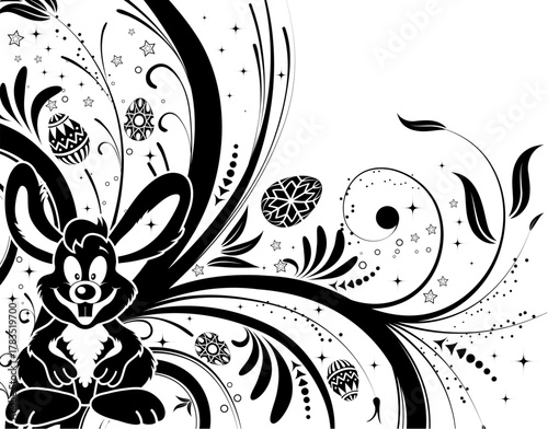 Easter background with eggs, rabbit and flower