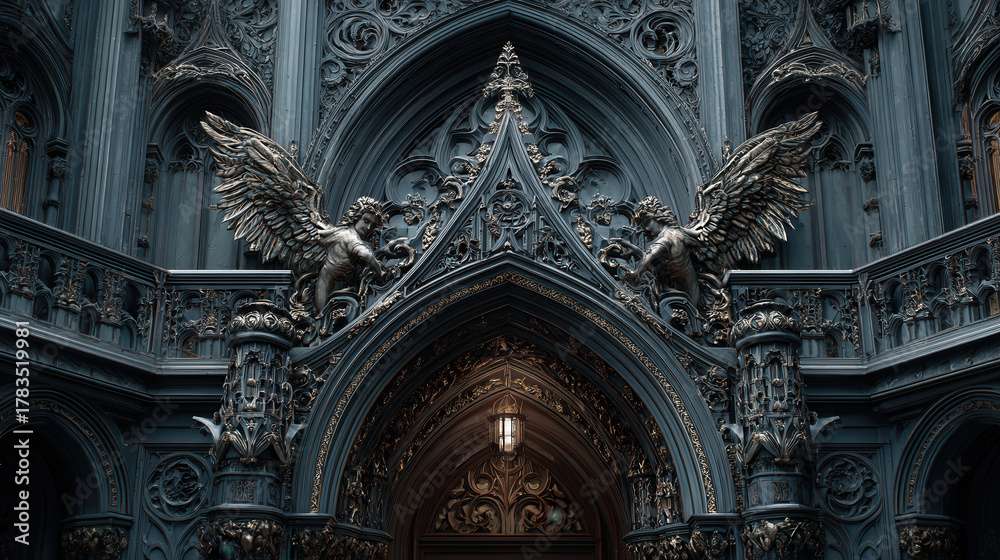 Fototapeta premium Intricate gothic architecture with ornate sculptures and detailed carvings in a historic building entrance