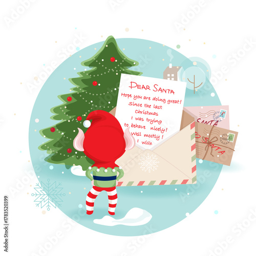 Little cute Elf is standing in front of letters to Santa - Christmas wish lists from kids, helping Santa to read mail from children, packing Xmas gifts. Cartoon style flat vector illustration.