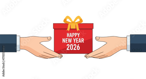 Two hands extending a red gift box with happy new year 2026 text and a yellow ribbon bow on a white background