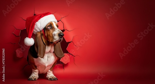 Festive Basset Hound Bursting Through Red Background with Santa Hat.
