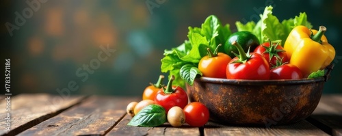 Rustic metal baskets overflow with fresh vegetables on aged wood , organic, grocery, rustic