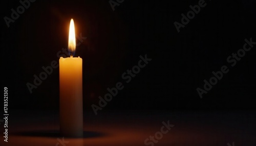 Single candle flame casts stark shadow on black , flame, still life