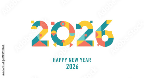 Happy new year 2026 greeting card with colorful geometric shapes and modern abstract design elements