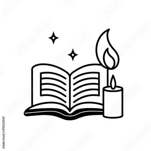 Open book with candle and two stars on transparent background silhouette