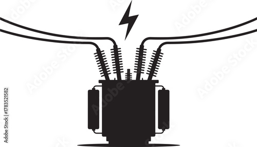 Silhouette vector illustration of an electrical transformer with lightning bolt isolated on white for energy and power themes