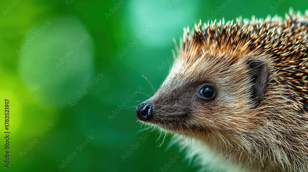 Fototapeta premium Close-up of a hedgehog in a lush green environment enjoying a quiet moment during a sunny day