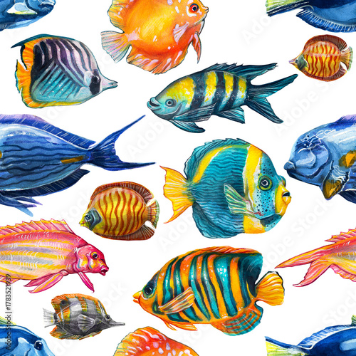 Seamless border pattern with exotic fish of all colors. Watercolor seamless pattern on a white background.