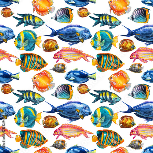 Seamless multicolored pattern with exotic fish. Watercolor seamless pattern on a white background.