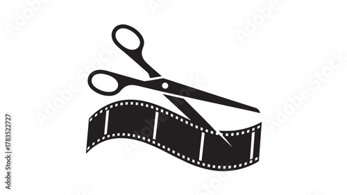 Scissors cutting a film strip simple flat vector icon for video editing and production isolated on white background
