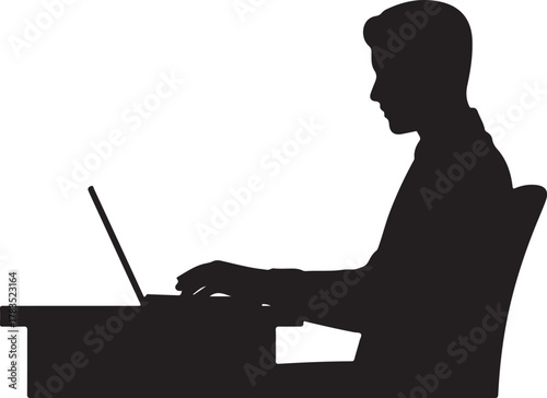 Office worker vector icon isolated on white background. Working place at the table with a laptop. Flat work computer icon