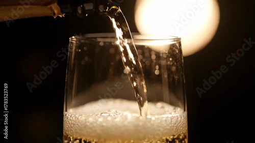 Macro Pour of Golden Champagne into Crystal Flute 