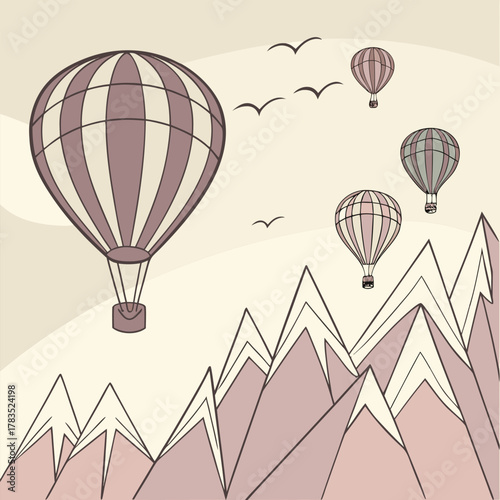 Hot air balloons soaring over mountains with birds flying around