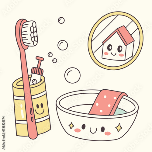 Cute bathroom cartoon illustration with toothbrush, soap, and house cute