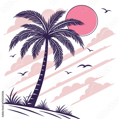 Palm tree at sunset with birds and pink clouds art