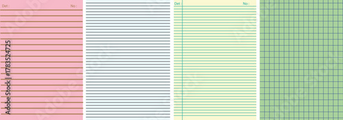 Set of colorful notebook paper templates including lined, ruled, and graph paper designs. Perfect for stationery, school, office, and digital note-taking projects.