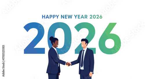 Diverse business professionals shaking hands in front of large happy new year 2026 numbers symbolizing collaboration and future success
