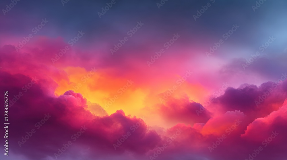 Obraz premium Stunning Vibrant Sunset Over Dramatic Clouds Displaying Shades of Purple, Pink, Orange, and Blue in a Mesmerizing Sky Composition