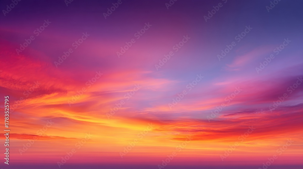 Fototapeta premium Vibrant Sunset Sky with Bold Colors of Purple, Pink, and Orange Over Tranquil Horizon at Dusk Capturing Nature's Spectacular Beauty and Serenity