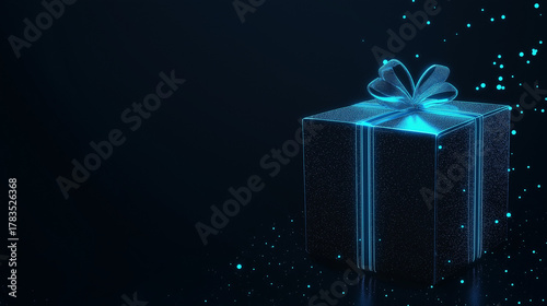 Glowing gift box in digital 3D style with dark blue background
