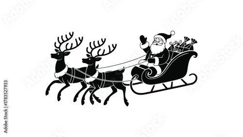 Santa Claus Flying Sleigh with Reindeer Silhouette Christmas Holiday Vector Illustration