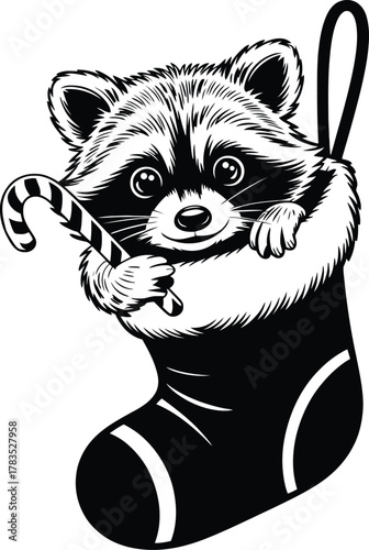 Cute Raccoon Peeking from Christmas Stocking Holding Candy Cane Black and White Vector Illustration