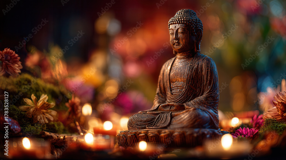 Fototapeta premium Serene wooden Buddha statue surrounded by candles and flowers in a tranquil setting during a peaceful meditation session