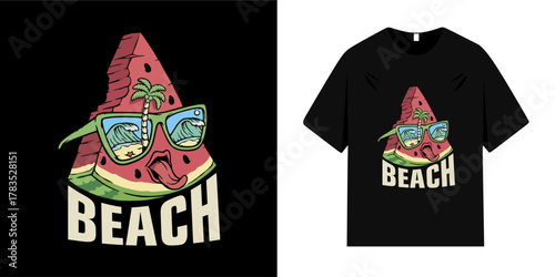 Summer t-shirt design featuring a sunbathing watermelon. It represents the beach, sunset, ocean, palm tree silhouettes, and surfing. Print for apparel, fashion, and t-shirts.